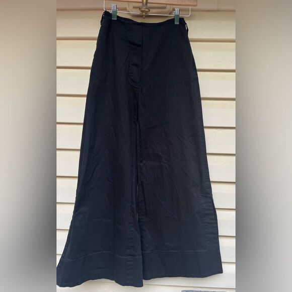 Lee Mathews black wide leg denim pants, side pockets & zipper, side deep slits,0 - Picture 1 of 11